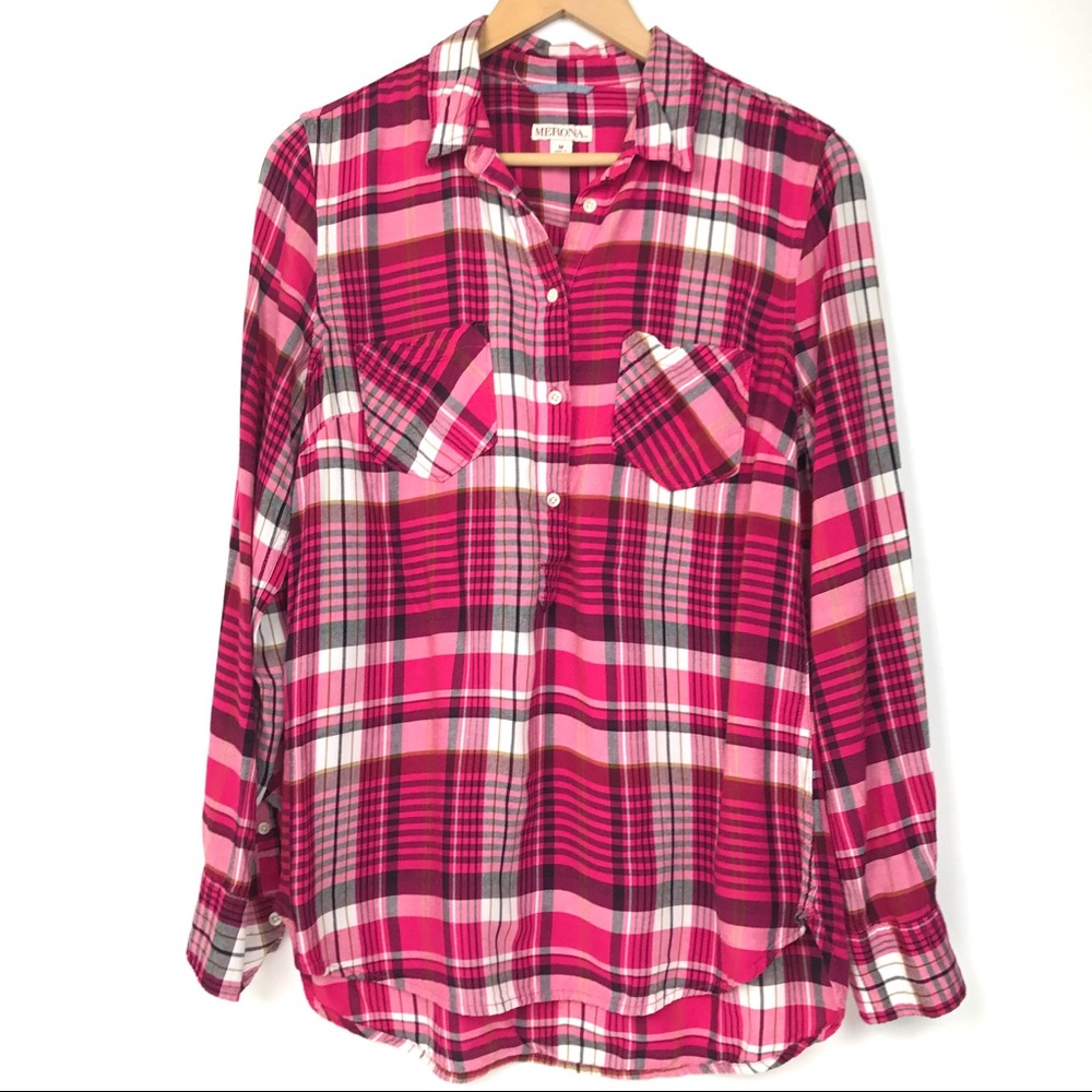 Merona Casual Plaid Half Button Down Top Sz M